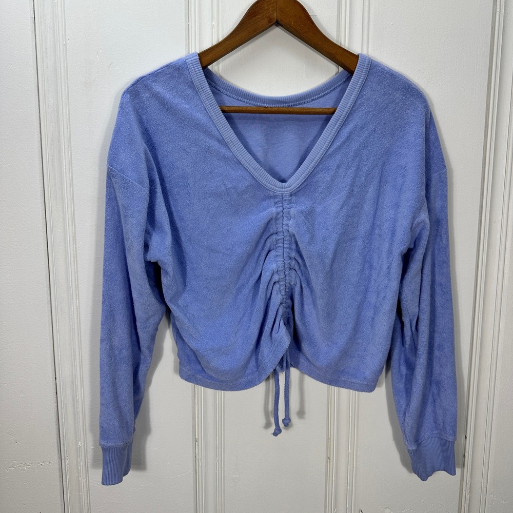 Aerie Terry Cloth Sweatshirt Womens XS Blue New Cinched V-Neck Cropped Pullover